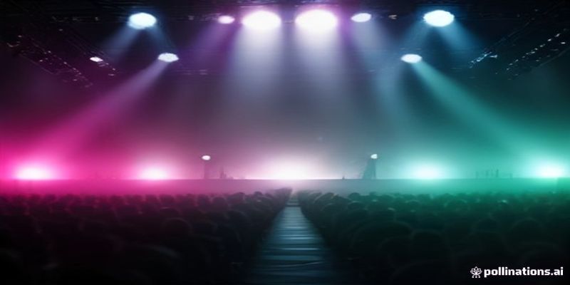 콘서트 무대 위 화려한 조명과 연기 연출