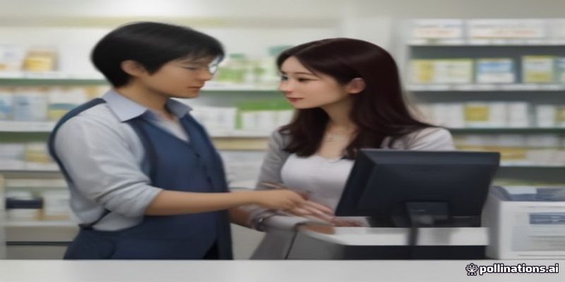 약사가 약국 카운터에서 환자에게 영양제 복용 시간을 친절하게 설명하는 모습